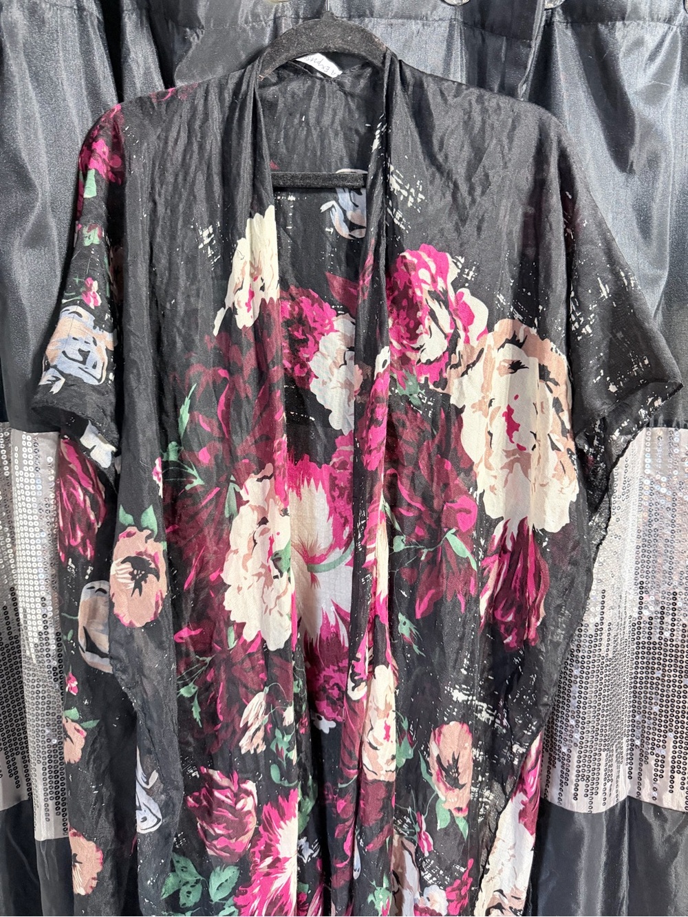 Black Floral Kimono Cover-Up with Pink and Cream Blooms